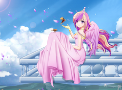 Size: 2554x1895 | Tagged: safe, artist:srtagiuu, princess cadance, human, sparrow, g4, clothes, dress, female, horn, horned humanization, humanized, solo, winged humanization