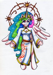 Size: 1609x2253 | Tagged: safe, artist:darkcherry87, princess celestia, anthro, g4, arm hooves, cleavage, clothes, dress, female, side slit, solo, traditional art