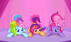 Size: 740x435 | Tagged: safe, screencap, rainbow dash (g3), scootaloo (g3), starsong, g3, g3.5, waiting for the winter wishes festival, animated, ass up, cute, female, looking at each other, looking at someone, smiling, smiling at each other, tail wag, tail wiggle