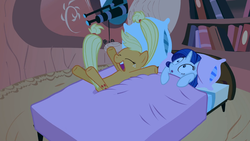 Size: 1366x768 | Tagged: safe, screencap, applejack, rarity, g4, look before you sleep, golden oaks library