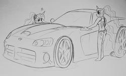 Size: 900x548 | Tagged: safe, artist:opusxs, princess celestia, princess luna, anthro, g4, bikini, car, car wash, clothes, dodge (car), dodge viper, monochrome, swimsuit