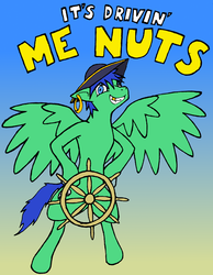 Size: 1918x2470 | Tagged: safe, artist:phonicb∞m, oc, oc only, oc:twister, pegasus, pony, fanfic:piercing the heavens, calm wind, earring, fanfic, grin, hat, piercing, pirate, pun, robot chicken, spread wings, steering wheel, text, tricorne