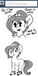 Size: 660x1325 | Tagged: safe, artist:tjpones, oc, oc only, oc:brownie bun, horse wife, ask, clothes, monochrome, socks, solo, tumblr