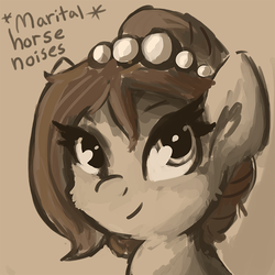 Size: 660x660 | Tagged: safe, artist:tjpones, oc, oc only, oc:brownie bun, earth pony, pony, horse wife, brown background, bust, descriptive noise, female, horse noises, mare, meme, monochrome, portrait, sepia, simple background, solo