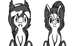 Size: 800x480 | Tagged: safe, artist:nukepone, oc, oc only, oc:brownie bun, oc:speck, bat pony, pony, monochrome