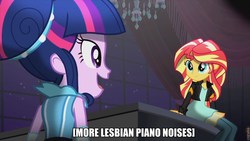 Size: 960x540 | Tagged: safe, edit, edited screencap, screencap, sunset shimmer, twilight sparkle, equestria girls, friendship through the ages, g4, caption, female, image macro, lesbian, meme, musical instrument, piano, ship:sunsetsparkle, shipping