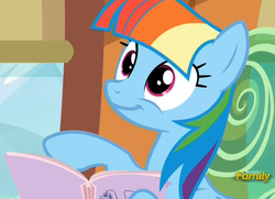 Size: 1399x1015 | Tagged: safe, screencap, rainbow dash, pegasus, pony, g4, the lost treasure of griffonstone, alternate hairstyle, book, cute, dashabetes, female, mane swap, manebow sparkle, mare, smiling, solo, wide eyes