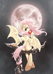 Size: 967x1348 | Tagged: safe, artist:mlpanon, fluttershy, bat pony, pony, g4, apple, butt, female, flutterbat, flutterbutt, looking back, mare, moon, plot, race swap, sitting, solo