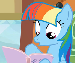 Size: 1210x1011 | Tagged: safe, screencap, rainbow dash, g4, the lost treasure of griffonstone, alternate hairstyle, book, cute, female, mane swap, manebow sparkle, solo, wide eyes