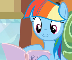 Size: 1209x1012 | Tagged: safe, screencap, rainbow dash, g4, the lost treasure of griffonstone, alternate hairstyle, book, cute, female, mane swap, manebow sparkle, solo, wide eyes