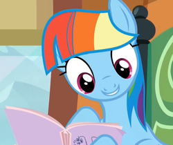 Size: 1210x1014 | Tagged: safe, screencap, rainbow dash, g4, the lost treasure of griffonstone, alternate hairstyle, book, cute, female, mane swap, manebow sparkle, smiling, solo, wide eyes