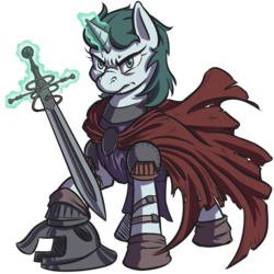 Size: 800x800 | Tagged: safe, artist:kalemon, oc, oc only, oc:aquaria lance, pony, unicorn, armor, cape, clothes, fantasy class, frown, helmet, knight, magic, masculine mare, solo, sword, tabard, warrior, weapon