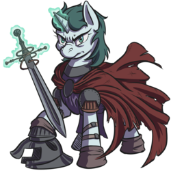 Size: 800x800 | Tagged: safe, artist:kalemon, oc, oc only, oc:aquaria lance, pony, unicorn, armor, cape, clothes, fantasy class, frown, helmet, knight, magic, masculine mare, simple background, solo, sword, tabard, transparent background, warrior, weapon