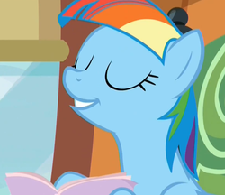 Size: 1172x1012 | Tagged: safe, screencap, rainbow dash, g4, the lost treasure of griffonstone, alternate hairstyle, book, eyes closed, female, mane swap, manebow sparkle, smiling, solo