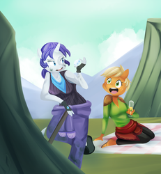 Size: 1280x1383 | Tagged: safe, artist:cowgirlrarity, applejack, rarity, oc, oc:ivory, oc:sparkling cider, anthro, ultimare universe, g4, female, lesbian, ship:rarijack, shipping