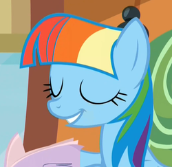 Size: 1040x1012 | Tagged: safe, screencap, rainbow dash, g4, the lost treasure of griffonstone, alternate hairstyle, book, cute, eyes closed, female, mane swap, manebow sparkle, smiling, solo