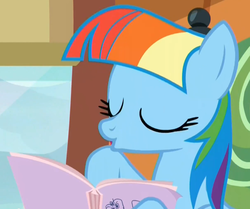Size: 1209x1012 | Tagged: safe, screencap, rainbow dash, g4, the lost treasure of griffonstone, :o, alternate hairstyle, book, cute, eyes closed, female, kissy face, mane swap, manebow sparkle, smiling, solo