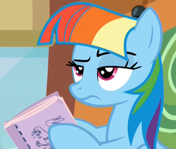 Size: 1191x1012 | Tagged: safe, screencap, rainbow dash, g4, the lost treasure of griffonstone, alternate hairstyle, book, female, mane swap, manebow sparkle, solo, unamused
