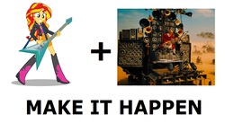 Size: 2412x1324 | Tagged: safe, artist:seahawk270, sunset shimmer, equestria girls, g4, coma-doof warrior, exploitable meme, guitar, heavy metal, mad max, mad max fury road, make it happen, meme, musical instrument, rock (music), sunset shredder