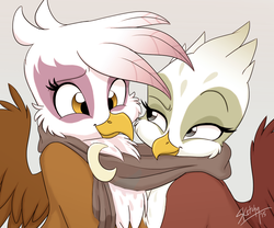 Size: 1024x853 | Tagged: safe, artist:bluefeathercat, gilda, greta, griffon, g4, clothes, cute, female, gildadorable, grelda, gretadorable, lesbian, looking at each other, scarf, shared clothing, shared scarf, shipping, simple background, smiling