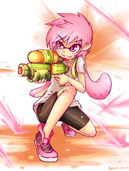 Size: 768x1024 | Tagged: safe, artist:sagasshi, scootaloo, human, inkling, g4, crossover, female, gamer scootaloo, humanized, shoes, sneakers, solo, splatoon, splattershot