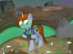Size: 1600x1200 | Tagged: safe, artist:nevaylin, oc, oc only, oc:littlepip, pony, unicorn, fallout equestria, clothes, colored pupils, fanfic, fanfic art, female, horn, jumpsuit, mare, pipbuck, ponyville, ruins, solo, vault suit, wasteland