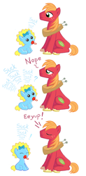 Size: 1024x2077 | Tagged: safe, artist:arimovergremrider, big macintosh, earth pony, pony, g4, baby, baby pony, crossover, dialogue, duo, filly, foal, maggie simpson, male, ponified, simpsons did it, stallion, the simpsons