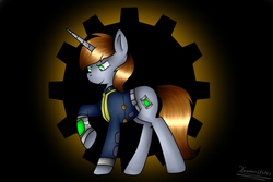 Size: 1500x1000 | Tagged: safe, artist:terezas474747, oc, oc only, oc:littlepip, pony, unicorn, fallout equestria, abstract background, clothes, cutie mark, fanfic, fanfic art, female, gears, hooves, horn, jumpsuit, mare, pipbuck, raised hoof, solo, vault suit