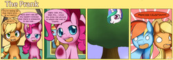 Size: 1400x489 | Tagged: safe, artist:solar-slash, applejack, pinkie pie, princess celestia, rainbow dash, comic:the prank, g4, artifact, comic, trollestia