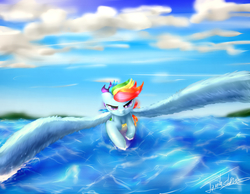 Size: 5314x4133 | Tagged: safe, artist:elzzombie, rainbow dash, g4, absurd resolution, female, flying, glare, large wings, looking at you, smirk, solo, spread wings, water