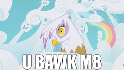 Size: 1280x720 | Tagged: safe, edit, edited screencap, screencap, gilda, griffon, g4, griffon the brush off, female, image macro, meme, solo, u wot m8