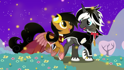 Size: 6221x3500 | Tagged: safe, artist:junkiesnewb, oc, oc only, oc:nox arcana, oc:whirlwind dust, hybrid, pegasus, pony, unicorn, clothes, cute, dress, fangs, gala dress, happy, noxwind, open mouth, saddle, trotting, tuxedo, vector