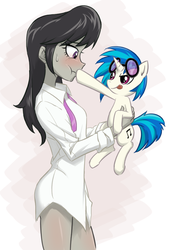 Size: 605x885 | Tagged: safe, artist:ta-na, dj pon-3, octavia melody, vinyl scratch, pony, unicorn, equestria girls, g4, :p, :t, backwards cutie mark, blushing, boop, bottomless, clothes, duo, eye contact, female, holding a pony, interspecies, lesbian, licking, licking lips, scrunchy face, ship:scratchtavia, shipping, smirk, sweatdrop, tiny ponies, tongue out, wide eyes
