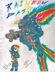 Size: 2530x3336 | Tagged: safe, artist:commandercanteets, rainbow dash, human, g4, armor, female, high res, humanized, mecha, solo, traditional art, weapon