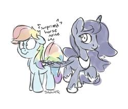 Size: 2700x2300 | Tagged: safe, artist:bobdude0, princess luna, rainbow dash, alicorn, pegasus, pony, g4, butt touch, descriptive noise, feathermarking, female, high res, horse noises, lesbian, mare, meme, personal space invasion, ship:lunadash, shipping, simple background, sketch, surprised, white background