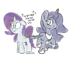 Size: 2700x2300 | Tagged: safe, artist:bobdude0, princess luna, rarity, alicorn, pony, unicorn, g4, butt touch, cute, descriptive noise, feathermarking, female, floppy ears, frown, high res, horse noises, lesbian, mare, meme, personal space invasion, raised hoof, ship:rariluna, shipping, simple background, sketch, smiling, surprised, white background, wide eyes