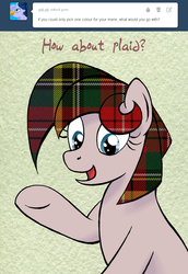 Size: 700x1016 | Tagged: safe, artist:ambrosebuttercrust, toola-roola, ask toola roola, g3, ask, female, plaid, solo, tumblr