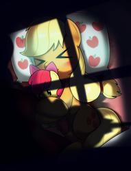 Size: 1305x1710 | Tagged: safe, artist:hoyeechun, apple bloom, applejack, princess luna, g4, ><, cute, eyes closed, female, jackabetes, plushie