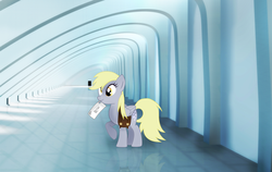 Size: 1900x1200 | Tagged: safe, artist:purpletoad, derpy hooves, pegasus, pony, g4, female, hallway, irl, letter, lost, mare, mouth hold, photo, ponies in real life, reflection, saddle bag, solo, vector