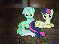 Size: 2832x2128 | Tagged: safe, artist:wolfgangthe3rd, bon bon, lyra heartstrings, sweetie drops, g4, couch, female, high res, irl, lesbian, looking at you, photo, ponies in real life, ship:lyrabon, shipping, sitting, sitting lyra, vector