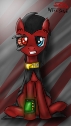 Size: 720x1280 | Tagged: safe, artist:setharu, artist:thestive19, oc, oc only, oc:red eye, cyborg, earth pony, pony, fallout equestria, abstract background, collaboration, fallout, fanfic, fanfic art, grin, hooves, looking at you, male, pipbuck, sheepish grin, sitting, smiling, solo, stallion