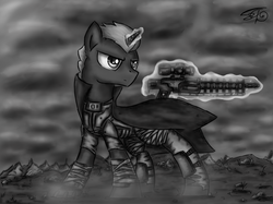 Size: 1730x1297 | Tagged: safe, artist:setharu, oc, oc only, oc:set, pony, unicorn, fallout equestria, angry, black and white, clothes, cloud, dust, fallout, fanfic, gauss rifle, glowing horn, grayscale, gun, horn, magic, male, signature, solo, stallion, standing, telekinesis, weapon