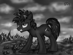 Size: 1730x1297 | Tagged: safe, artist:setharu, oc, oc only, oc:tinker trivia, fallout equestria, angry, black and white, cloud, fallout, grayscale, male, mountain, signature, sky, solo, stallion, standing