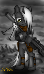 Size: 1132x1878 | Tagged: safe, artist:setharu, oc, oc only, oc:psalm, fallout equestria, fallout equestria: project horizons, fallout, female, penance (psalm's rifle), solo