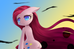 Size: 700x467 | Tagged: safe, artist:hashioaryut, pinkie pie, earth pony, pony, g4, empty eyes, female, floppy ears, mare, pinkamena diane pie, solo, windswept mane