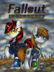 Size: 3000x4000 | Tagged: safe, artist:lightning5trike, artist:setharu, oc, oc only, oc:blackjack, oc:littlepip, pony, unicorn, fallout equestria, fallout equestria: project horizons, clothes, colored sclera, fallout, fanfic, fanfic art, female, glowing, glowing eyes, hooves, horn, jumpsuit, mare, pipbuck, vault suit, yellow sclera