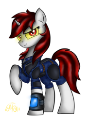 Size: 2263x3128 | Tagged: safe, artist:setharu, oc, oc only, oc:blackjack, pony, unicorn, fallout equestria, fallout equestria: project horizons, clothes, fallout, fanfic, fanfic art, female, high res, hooves, horn, jumpsuit, mare, pipbuck, security armor, solo, vault security armor, vault suit