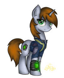 Size: 2251x2744 | Tagged: safe, artist:setharu, oc, oc only, oc:littlepip, pony, unicorn, fallout equestria, clothes, fallout, fanfic, fanfic art, female, high res, hooves, horn, jumpsuit, mare, pipbuck, simple background, solo, transparent background, vault suit