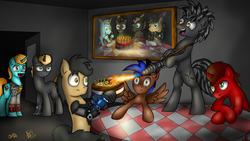 Size: 2000x1125 | Tagged: safe, artist:koshakevich, artist:setharu, artist:thestive19, oc, oc only, oc:judge, oc:set, oc:tinker trivia, earth pony, pony, unicorn, fallout equestria, birthday cake, cake, candle, fallout, flamethrower, food, group, happy birthday, heterochromia, indoors, male, open mouth, signature, sitting, smiling, stallion, standing, table, weapon