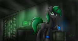 Size: 3000x1586 | Tagged: safe, artist:setharu, oc, oc only, oc:soft spring, pony, unicorn, fallout equestria, computer, fallout, fanfic, female, looking up, mare, open mouth, signature, solo